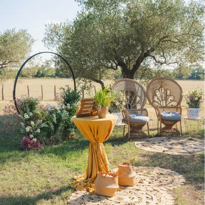 Décoration de cérémonie laïque en plein air avec mobilier bohème par Yello Event dans le Gard